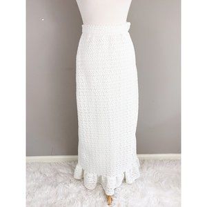 Vintage Ivory White Crochet Chunky Waffle Knit Maxi Ruffle 60's Skirt Dalton XS